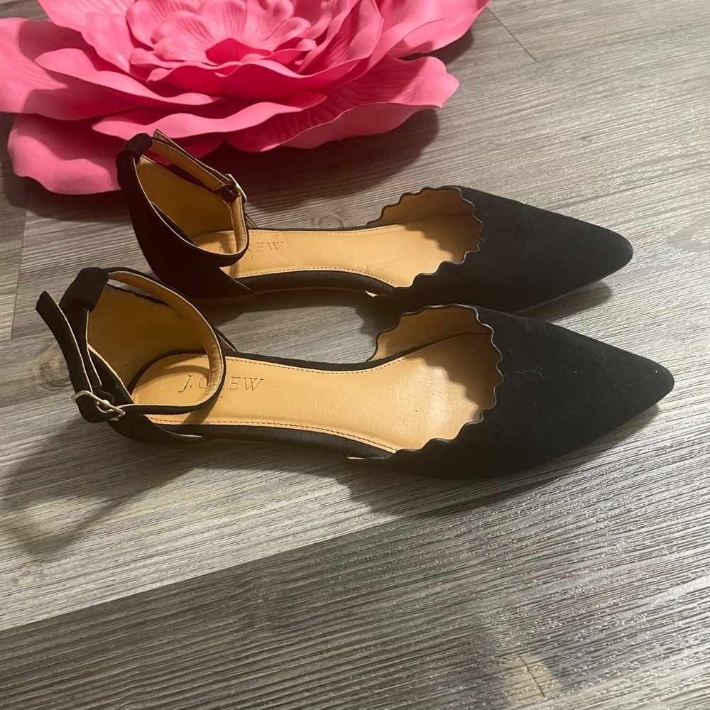J. CREW FACTORY Sz 7 Black Suede Scalloped D'Orsay Flats Ankle Strap Soft Girl